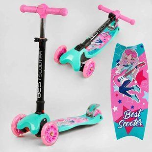 Самокат триколісний дитячий для дівчинки L-8711 Best Scooter MAXI, складане кермо з Фарою, Бірюзовий L-8711 фото