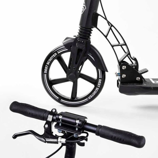 Самокат двухколесный Best Scooter 92228 Черный, колеса PU 23см/20см, 2 амортизатора, дисковый тормоз, до 100кг 92228 фото